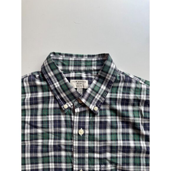 CLUB MONACO Navy Green Check Cotton Slim Fit Button Down Oxford Shirt, Size L - Picture 9 of 12